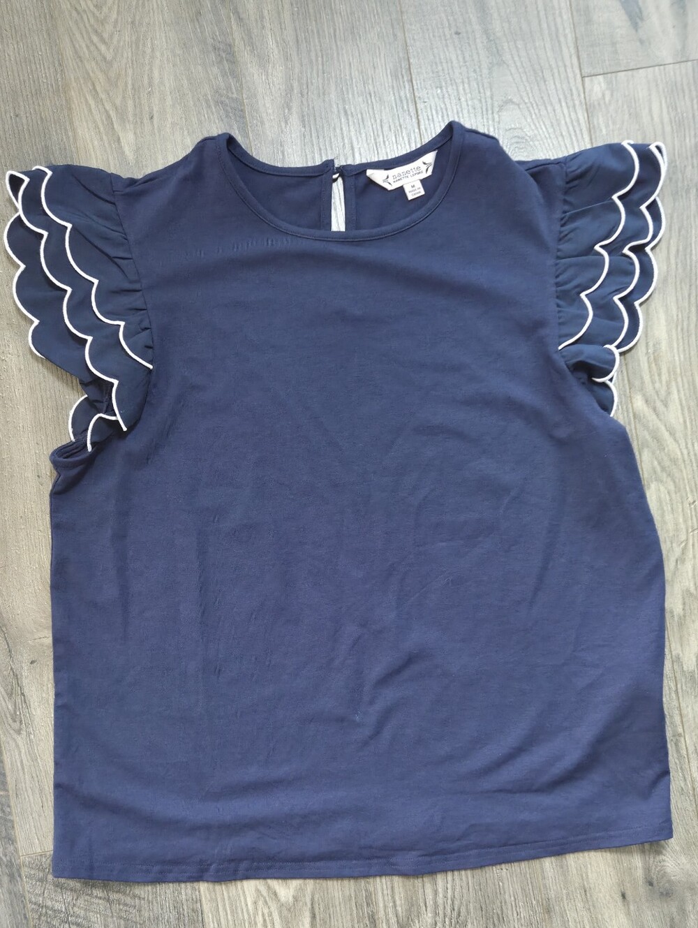 Nanette Lepore Navy Top with White-Trim Scalloped Sleeves